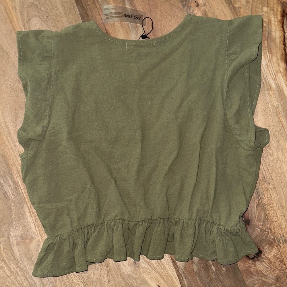 Fancyinn Olive Green Ruffle V-Neck Blouse - Picture 3 of 4